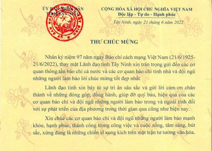 Thư chúc mừng của Chủ tịch UBND tỉnh Nguyễn Thanh Ngọc nhân kỷ niệm 97 năm Ngày Báo chí Cách mạng Việt Nam 